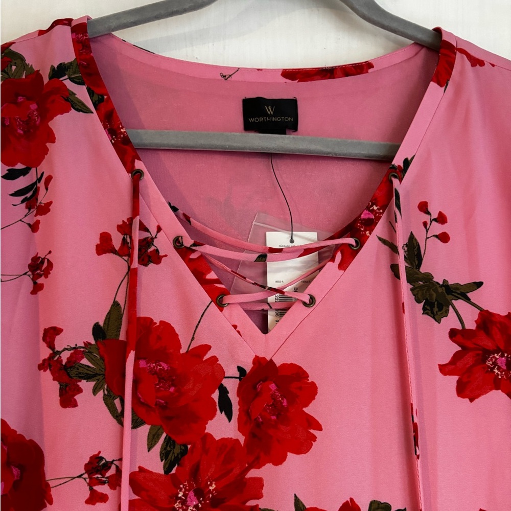 Worthington Pink and Red Floral Lace-Up Long Sleeve Dress, Size XL - Picture 4 of 9